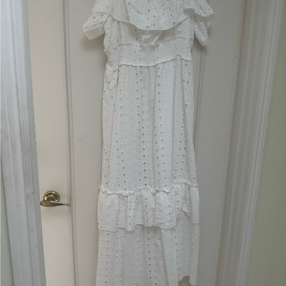 “Aqua” White Tiered Ruffled Maxi Sundress with Off the Shoulder Puff Sleeves